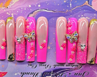 XXL Pink Square Glitter Press On Nails