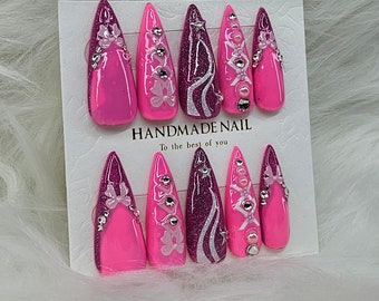 Long Stiletto Pink reflective glitter Press On Nails set