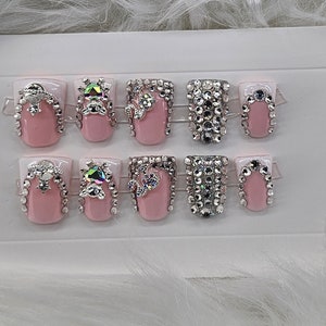 Pink and white  Bling Duckie Press On Nails.