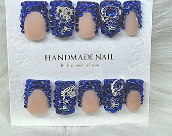 Blue Bling Short square Press On Nails