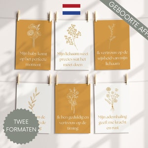 60 Geboorte affirmatie kaarten in het Nederlands | Printbare kaarten set met line-art bloemen