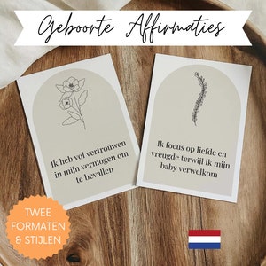 60 cartes d’affirmation de naissance avec dessin au trait de grossesse en néerlandais | Jeu de cartes imprimables pour une naissance positive