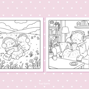 May include: Two-panel black and white illustration. The left panel shows two cartoon characters wearing headphones and reading a book in a field of flowers. The right panel depicts a cat wearing headphones, reading a book on a couch.