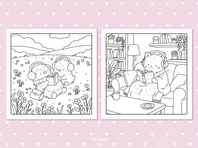 May include: Two-panel black and white illustration. The left panel shows two cartoon characters wearing headphones and reading a book in a field of flowers. The right panel depicts a cat wearing headphones, reading a book on a couch.