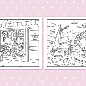 May include: Black and white illustration of two scenes. One shows two cats at a cafe, the sign says "Milo & Daisy's Cafe" and "Coffee - Open". The other shows a bear sailing a boat and another bear on a pier.