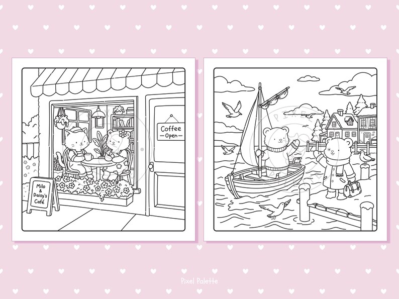 May include: Black and white illustration of two scenes. One shows two cats at a cafe, the sign says "Milo & Daisy's Cafe" and "Coffee - Open". The other shows a bear sailing a boat and another bear on a pier.