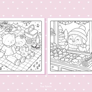 May include: Two black and white coloring pages. One shows a bear and cat having a picnic. The other shows a penguin looking at pastries in a bakery window. The images are outlined with black lines.