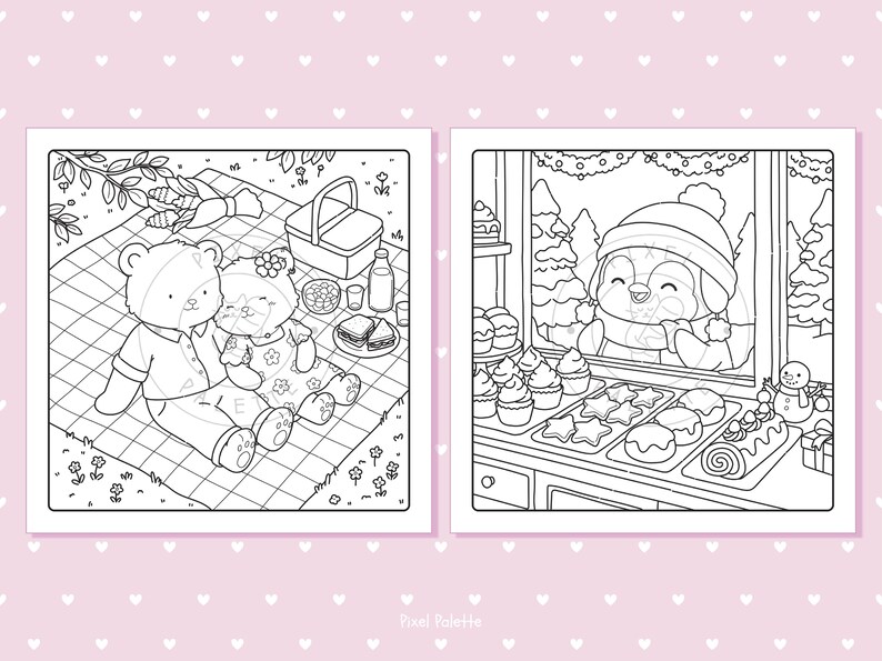 May include: Two black and white coloring pages. One shows a bear and cat having a picnic. The other shows a penguin looking at pastries in a bakery window. The images are outlined with black lines.