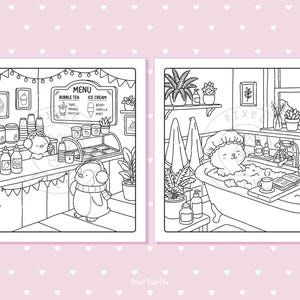 May include: Black and white illustration of two scenes. One shows a penguin in a cafe with a menu board for bubble tea and ice cream. The other shows a cat relaxing in a bathtub with bubbles, surrounded by plants and toiletries.