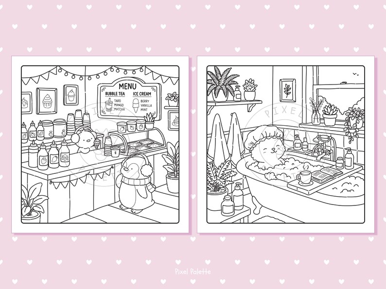 May include: Black and white illustration of two scenes. One shows a penguin in a cafe with a menu board for bubble tea and ice cream. The other shows a cat relaxing in a bathtub with bubbles, surrounded by plants and toiletries.