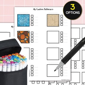 Puede incluir: Una hoja de trabajo imprimible con tres opciones de patrones diferentes para crear patrones personalizados. La hoja de trabajo incluye un patrón de piscina, madera y piedra. La hoja de trabajo también incluye cuadrados en blanco para crear tus propios patrones. La hoja de trabajo viene acompañada de un marcador negro y un estuche de marcadores de colores.