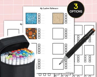 May include: A printable worksheet with three different pattern options for creating custom patterns. The worksheet includes a pool, wood, and stone pattern. The worksheet also includes blank squares for creating your own patterns. The worksheet is accompanied by a black marker and a case of colored markers.