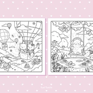 May include: Two black and white coloring pages. One shows two teddy bears in a hot air balloon, the other shows a chick on a swing. The background includes a landscape with houses, trees, and a pond.