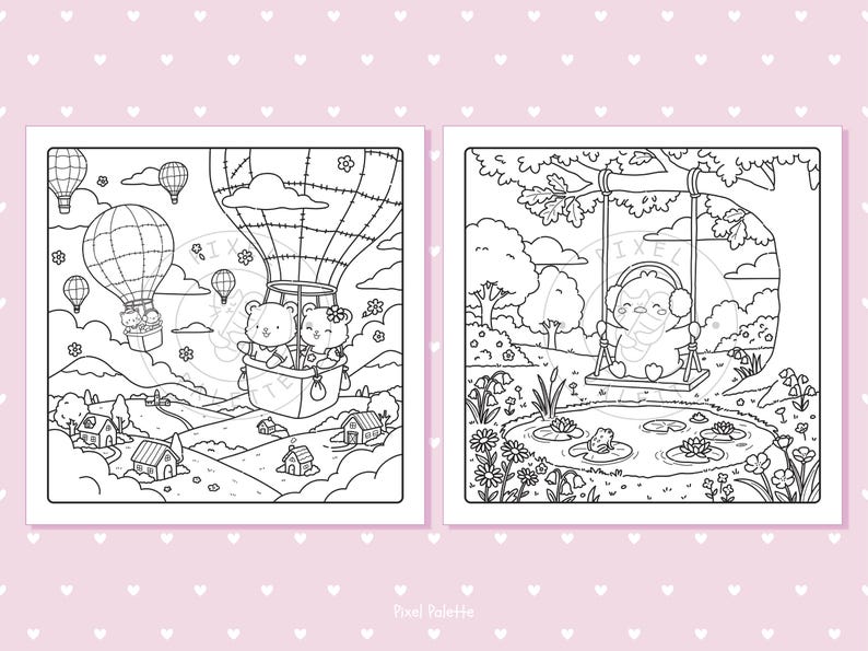 May include: Two black and white coloring pages. One shows two teddy bears in a hot air balloon, the other shows a chick on a swing. The background includes a landscape with houses, trees, and a pond.