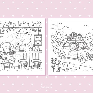 May include: Black and white illustration of two scenes. One shows a bear chef serving ramen to a penguin. The other shows a bear driving a car with luggage on top, with sheep in the background.