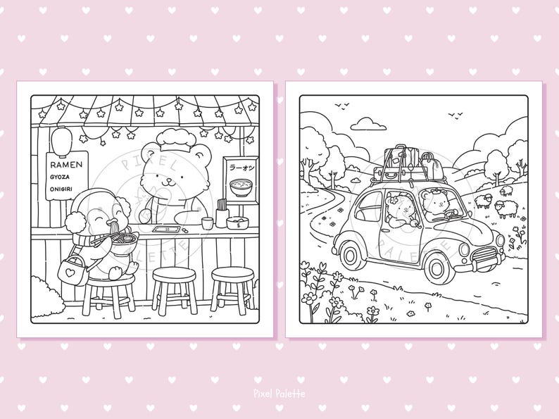 May include: Black and white illustration of two scenes. One shows a bear chef serving ramen to a penguin. The other shows a bear driving a car with luggage on top, with sheep in the background.