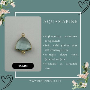 Puede incluir: Pendiente triangular de piedra de aguamarina con componentes de plata de ley 925 chapados en oro de 24 quilates. El pendiente mide 15 mm. Disponible en varios tamaños. WWW.BESTINBEAD.COM