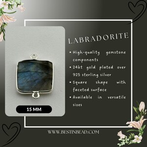 Op de afbeelding: Een vierkante labradorit-hanger met een zilveren setting. De hanger is 15 mm groot en heeft een gefacetteerd oppervlak. De hanger is verkrijgbaar in verschillende maten.  "LABRADORITE" en "WWW.BESTINBEAD.COM" zijn afgedrukt op de afbeelding.