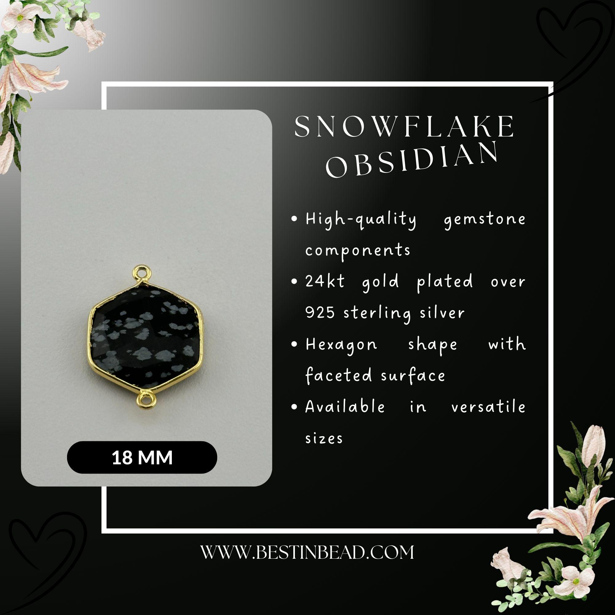 ゴールドベゼルのスノーフレークオブシディアン幾何学チャーム、本物の