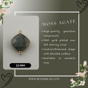 May include: A 12 mm moss agate gemstone connector with a cushion shape and faceted surface. The connector is gold plated over 925 sterling silver.  The text "WWW.BESTINBEAD.COM" is visible at the bottom of the image.