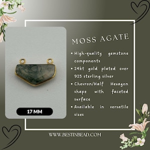 May include: Moss agate gemstone pendant with gold plated over sterling silver components. The pendant is in a chevron/half hexagon shape with a faceted surface. The pendant measures 17 mm.  "MOSS AGATE" and "WWW.BESTINBEAD.COM" are printed on the image.