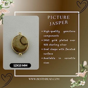 May include: A 12x15 mm oval picture jasper gemstone pendant with gold plated bail. The pendant is made of high-quality gemstone components and 925 sterling silver.