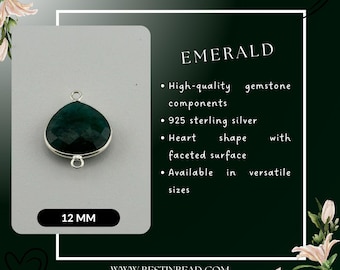 925 Sterling Silver Emerald Heart Pendants, Natural Gemstone Charms for Necklace, Earrings, Bracelet Making, May Birthstone DIY Jewelry