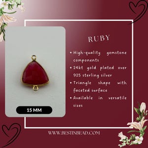 May include: A 15 mm ruby gemstone pendant with a triangle shape. The pendant is gold plated over 925 sterling silver and has a faceted surface.  The pendant is available in various sizes.