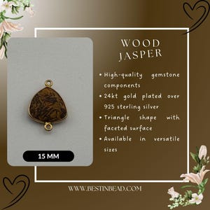 May include: A 15 mm triangle-shaped pendant made of wood jasper with a gold-plated 925 sterling silver bail. The pendant has a faceted surface and is available in various sizes.  "WOOD JASPER" and "WWW.BESTINBEAD.COM" are printed on the image.