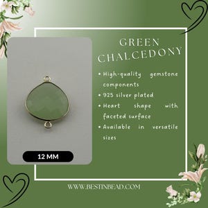Ciondoli a forma di cuore in calcedonio verde naturale, ciondoli con castone in argento sterling, accessori per gioielli fai da te, romantici connettori con pietre preziose per gioielli fai da te