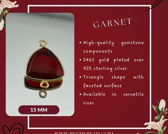 High-Quality Garnet Triangle Necklace Gemstone Pendant 24k gold plated over 925 sterling silver for Charms, Bracelet, Jewelry Making