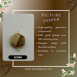 Natural Picture Jasper Hexagon Charms, 24k Gold Plated Sterling Silver, Double Loop Pendants (Multiple Sizes), DIY Jewelry Making Supplies