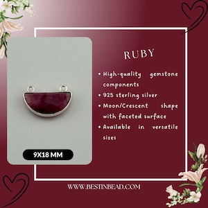 May include: A ruby gemstone pendant with a crescent shape and faceted surface, set in 925 sterling silver. The pendant measures 9x18 mm. The image also includes the text "RUBY" and details about the pendant.