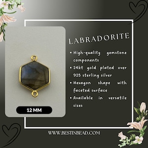 May include: A 12 mm hexagon-shaped labradorite gemstone pendant with gold-plated 925 sterling silver components. The gemstone has a faceted surface.