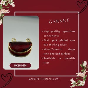 May include: A red garnet gemstone pendant in a crescent shape with a gold plated finish. The pendant is 9x18 mm and is available in various sizes. The pendant is made with high-quality gemstone components and 925 sterling silver.