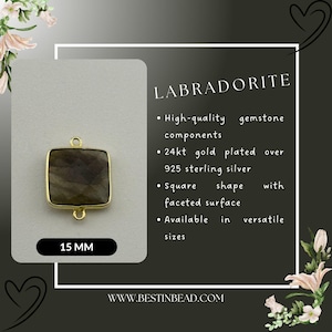 Labradorite Square Pendants, Gold 24k Gold Plated Sterling Silver | DIY Jewelry Making Supplies, Double Bail Iridescent Gems, Square Charms