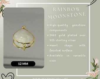 Natural Rainbow Moonstone Heart Charms Connectors, Gold Bezel, Double Bail, 24k Gold Plated Sterling Silver | Jewelry Making Supplies