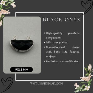 925 Sterling Silver Plated Black Onyx Moon/Crescent Pendant, 9x18mm, Handcrafted Gemstone, Necklace Charm, Bracelet Making, Bohemian