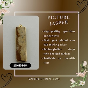 May include: A gold-plated silver bar pendant with a rectangular shape and a brown and white picture jasper stone. The pendant measures 10mm by 40mm. The text "PICTURE JASPER" and "10X40 MM" are visible in the image.