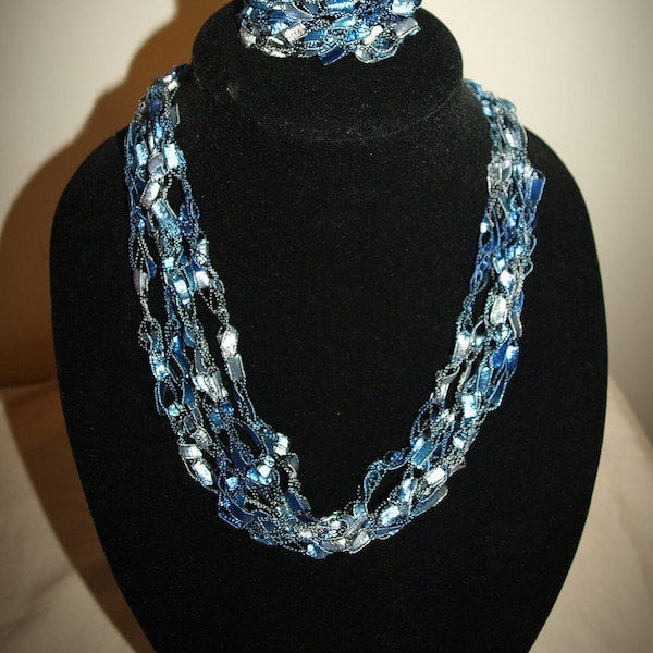 Adjustable Blue Ocean Ladder trellis ribbon necklace