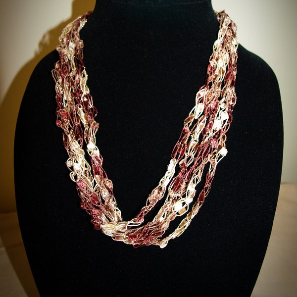 Rose/blush/gold sparkle ladder trellis ribbon necklace