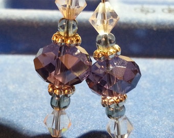 Purple Crystal Dangling Earrings on Stering Silver Hooks