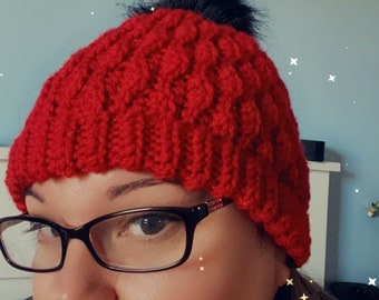 Hot orchid or Christmas red wavy crochet hat