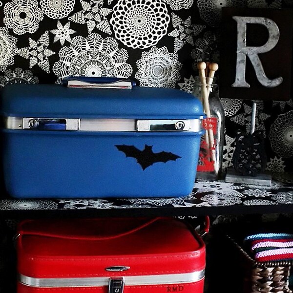 Vintage Blue Train Case Luggage with Black Bats and Antique Skeleton Key