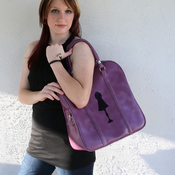 UPCYCLED Purple VINTAGE Tote with Black Dress Form Silhouette Carry On Bag