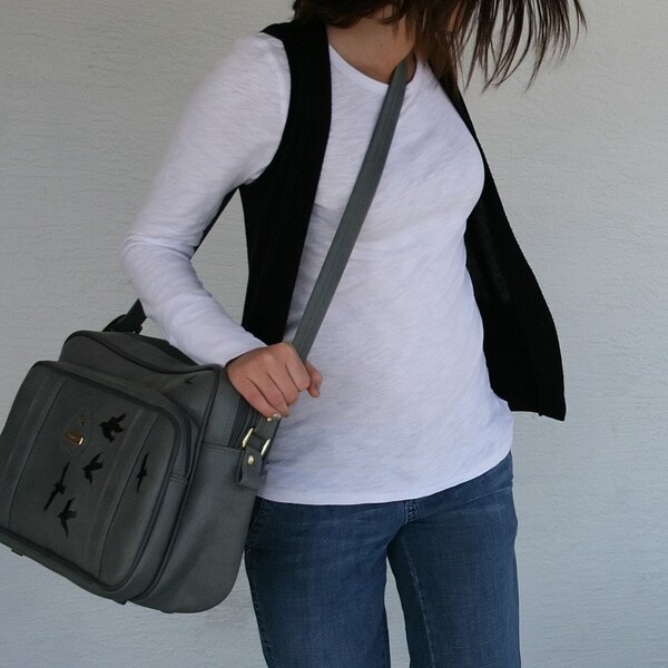 UPCYCLED Grey VINTAGE Messenger Black MURDER OF CROWS Carry On bag