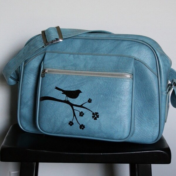 UPCYCLED Sky Blue VINTAGE Messenger Bag w Bird on a Branch and Cherry Blossoms by ELEPHANNIE