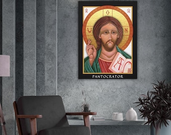 Stampa su tela con l'icona di Gesù Pantocratore, opera d'arte religiosa cattolica da appendere al muro.