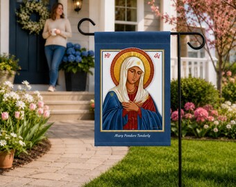 Catholic Icon Religious Garden Flag, Mary Ponders Tenderly Religious Home Decor
