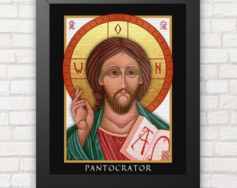 Icona incorniciata di Gesù Pantocratore, arte religiosa bizantina da parete, regalo cristiano
